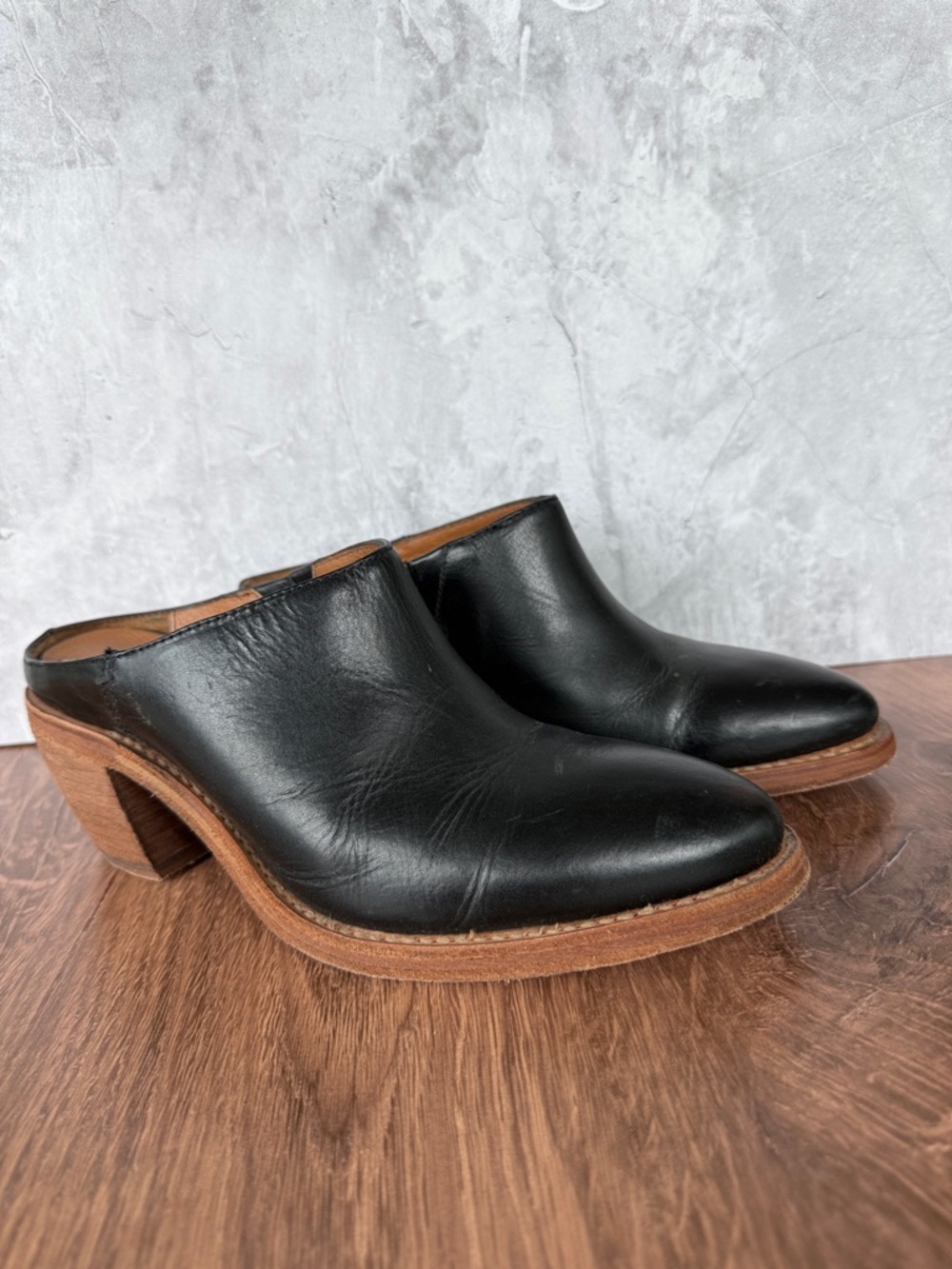 Frye Black Leather Slip-On Mule Clogs with Wood-Effect Heel